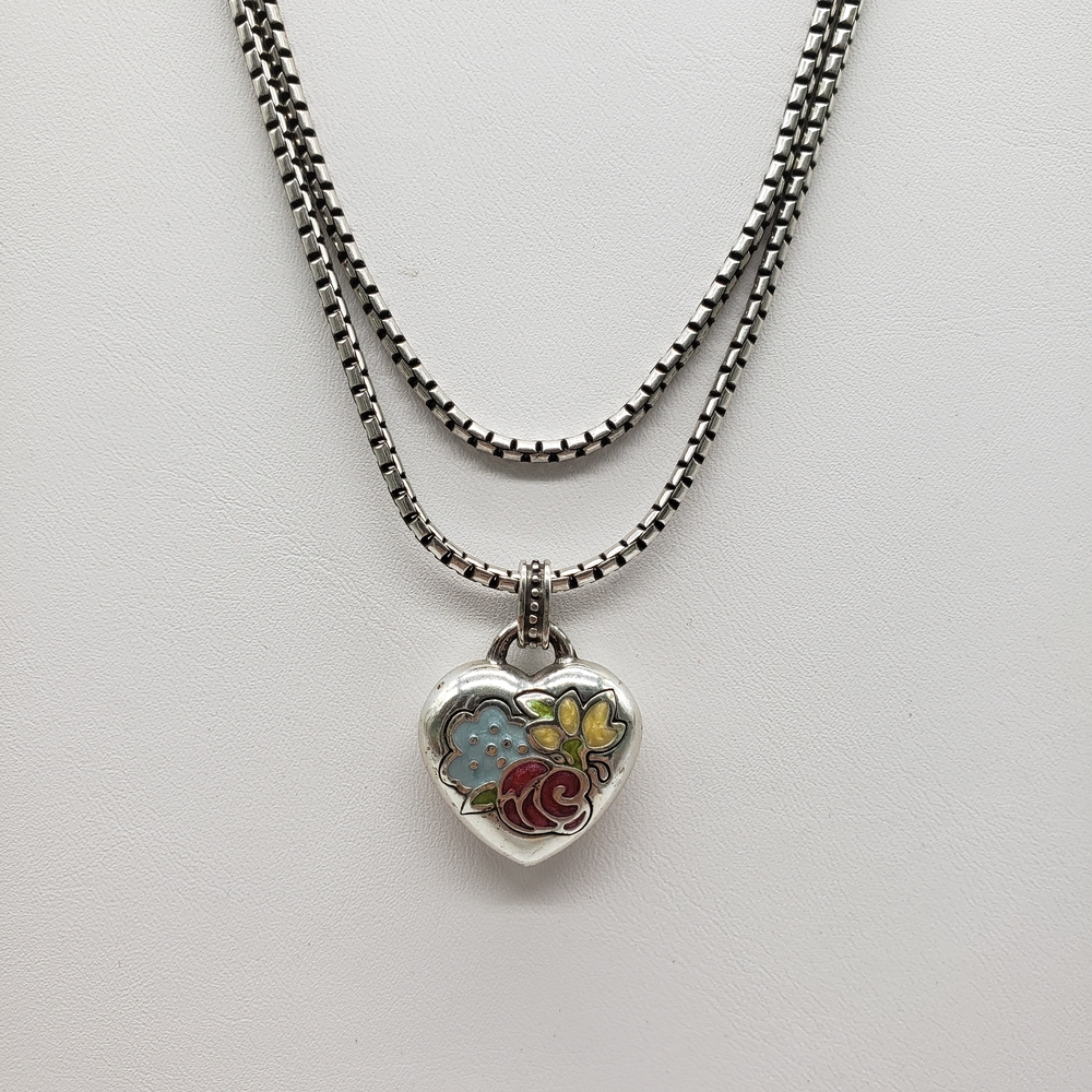Vintage Brighton Enamel Heart Pendant Fashion Necklace with Floral Design